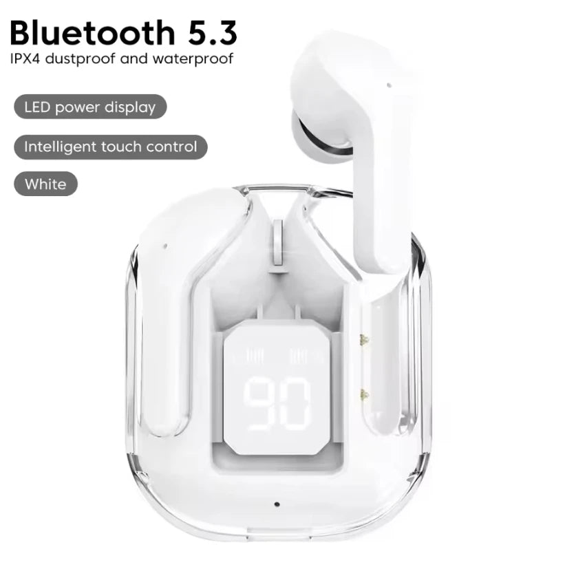 CrystalBeats BT30: Transparent TWS Bluetooth 5.3 Earbuds with Digital Display & Noise Canceling