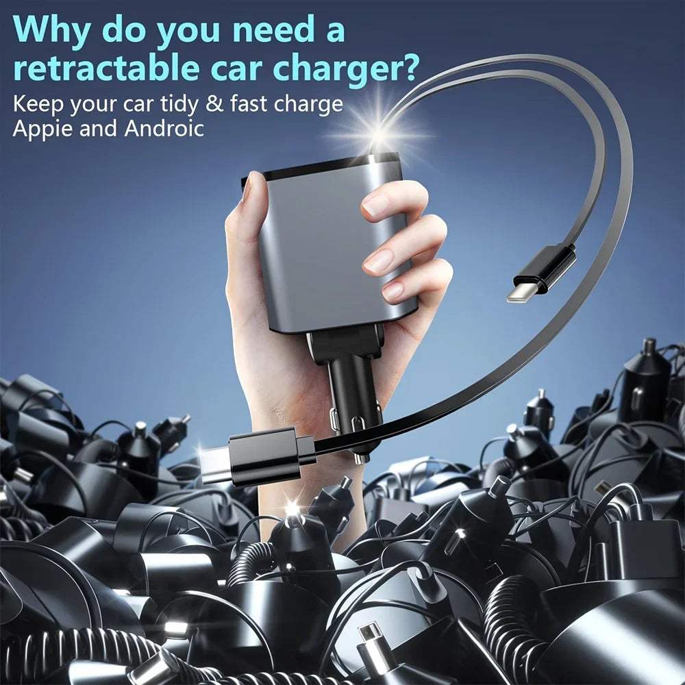 VoltRush™ 4-in-1 Retractable Car Charger – Fast Power, Zero Clutter